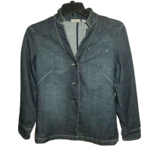 Chico's Platinum Women's Size 1 (M) Denim Jean Jacket Mandarin Collar Button Up - Picture 1 of 6